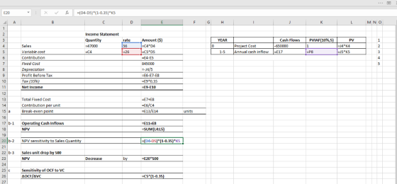 E20 MNC Income Statement Quantity -47000 Amount (S) C4 D4 Cash Flows 650000 rate YEAR | PVIAF(10%,5) PV Sales Variable cost C