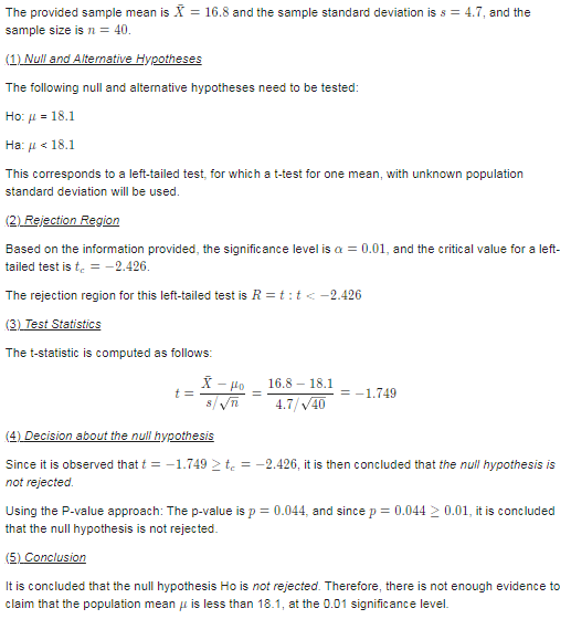 The provided sample mean is I = 16.8 and the sample standard deviation is s = 4.7, and the sample size is n = 40. (1) Null an