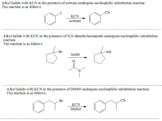 Alkyl halide with KCN in the presence of acetone undergoes nucleophilic substitution reaction. The reaction is as follows: CJ