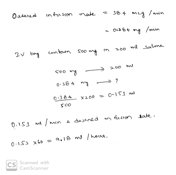 Ondered infusion rate = 384 meg / min - 0.384 mg /min saline contain 500 ung in 200 me IV bag soo mg 0.384 mg 200 me ? 0.3 84