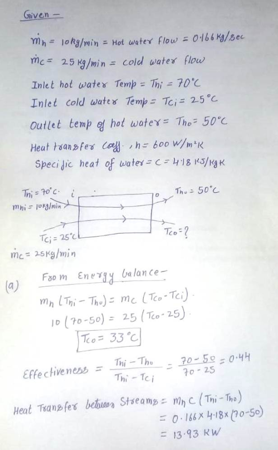 Given - mn= lokg/min = Hot water flow = 0.166 kg/sec Mc = 25 kg/min = cold water flow Inlet hot water Temp = Thi = 70°C Inlet
