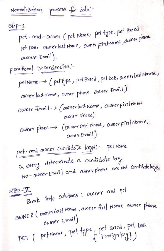 Normalization process for data:- Step-1 pet-and-Owner C pet Name, pet type , pet Bre pet DOB, Owner last Name, owner First na