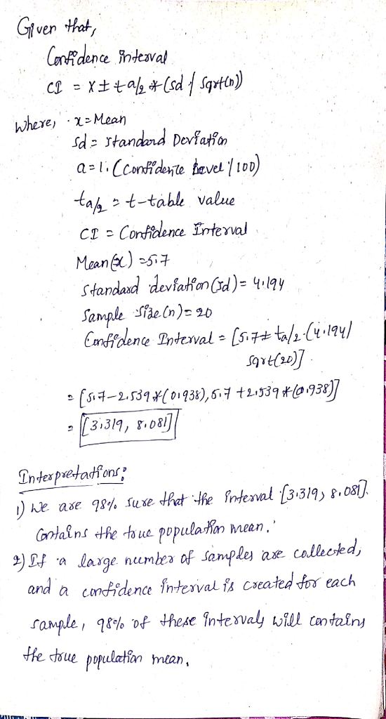 Where, -x*Mean taNt-table value c Corftelence Interval [3319, T.Dal )lk ase 98% suse tfet.tfe inkaval.[3.319) 8.08订 to ue pop