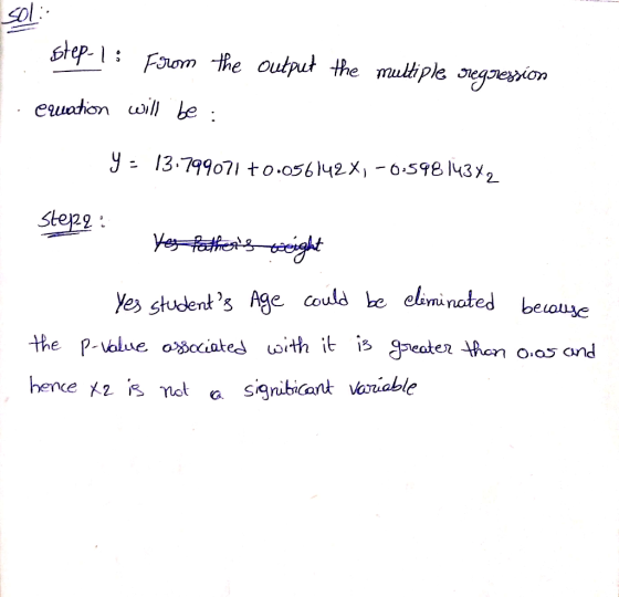 stp: the output the mutiple egvession y- 13-79907 l to-o56)49X,-059814312 yes students Age couls ke eliminoted the P-volue o