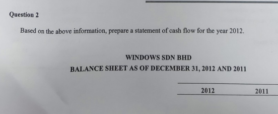 Question 2 Based on the above information, prepare a statement of cash flow for the year 2012. WINDOWS SDN BHD BALANCE SHEET