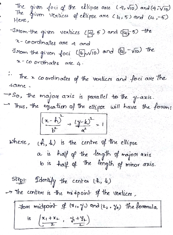 The ginfoi thre ellipse Theiven Veitices ellipse Heste, 4, VIo) and (4VID) Ven Csle aie ,5) and (4,-5 10m the 5 and - 5) tre