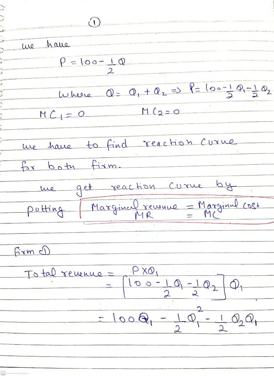 we have P loor IQ 2 where Q = Q + Q₂ =) P = looo! 100-19.- 12 M(2=0 M Cio have we reaction curue to find for both firm. we re