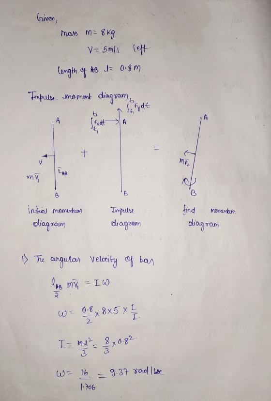 briven, mass m= 8kg V = 5m/s left length of AB i = 0.8m Impulse moment diagram St Fydt h A (Fedt A + V miz LAB my B find mome