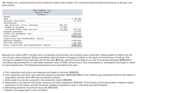 Star Videos, Inc., produces short musical videos for sale to retail outlets. The companys balance sheet accounts as of January 1 are given below. Star Videos, Inc Balance Sheet January 1 Assets Cash Accounts receivable Inventories: $ 88,000 114,600 Raw materials (film, costumes) $20,000 51,800 97,200 Videos in process Finished videos awaiting sale Prepaid insurance Studio and equipment (net) Total assets Liabilities and Stockholders Equity Accounts payable Retained earnings Total liabilities and stockholders equity 169,000 10,750 598,000 $ 980,350 $189,000 791,350 980,350 Because the videos differ in length and in complexity of production, the company uses a job-order costing system to determine the cost of each video produced. Studio (manufacturing) overhead is charged to videos on the basis of camera-hours of activity. The companys predetermined overhead rate for the year ($40 per camera-hour) is based on a cost formula that estimated $280,000 in manufacturing overhead for an estimated allocation base of 7,000 camera-hours. Any underapplied or overapplied overhead is closed to cost of goods sold. The following transactions were recorded for the year: a. Film, costumes, and similar raw materials purchased on account, $189,500. b. Film, costumes, and other raw materials issued to production, $200,000(85% of this material was considered direct to the videos in production, and the other 15% was considered indirect). c. Utility costs incurred (on account) in the production studio, $93,800. d. Depreciation recorded on the studio, cameras, and other equipment, $112,400. Three-fourths of this depreciation related to actual production of the videos, and the remainder related to equipment used in marketing and administration. e. Advertising expense incurred (on account), $153,000 f. Salaries and wages paid in cash as follows: