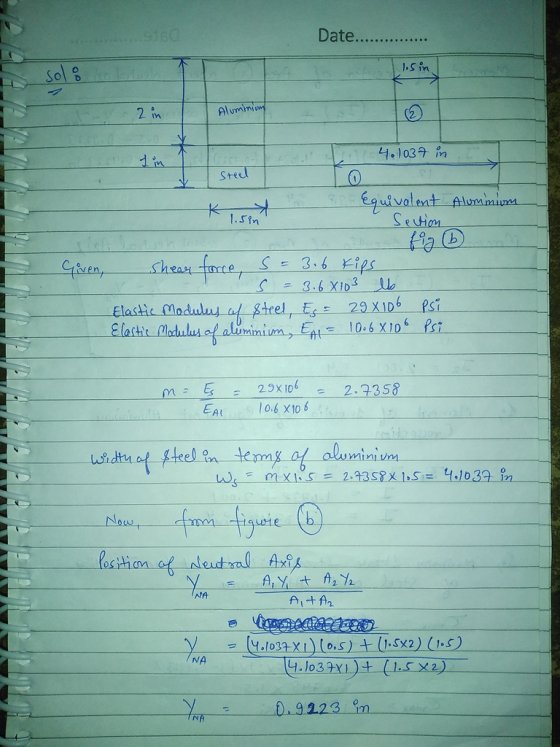 Date. losin soli 2 in Aluminium 4.1037 in Steel * 1.5m Equivalent Aluminium Section 3.6 kips Given, Shear force, sa S 3.68103