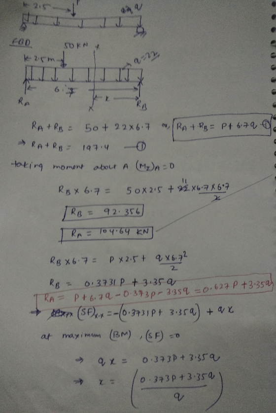 JIJI COO TORNA karmt Ke RA+PB = 50+ 22x617 (RA+ RB = Pt 6.79 D RA+RB - 197.4 - taking moment about A (MY)A=0 RB X 6.7 = 50x21
