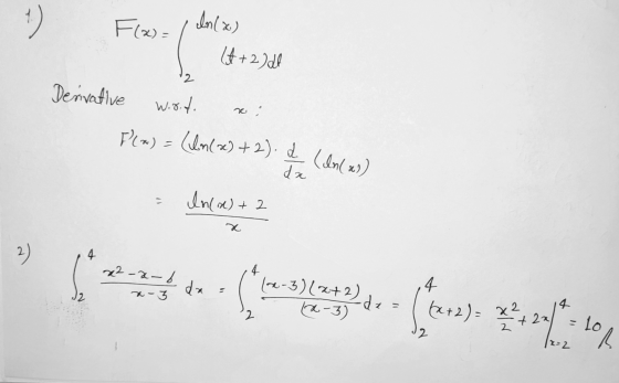 1) Flx , ln(x) 1 4 + 2)dl Derivative Woot. ni Plea) = (lomla! +2). ? (ln( xs) In(x) + 2 (a) + 2 х 22-x- b x-3 d = -3). = 2 27