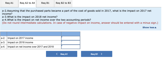 Req A1 Req A2 to A4 Req B2 to B3 Req B1 a-2.Assuming that the purchased parts became a part of the cost of goods sold in 2017