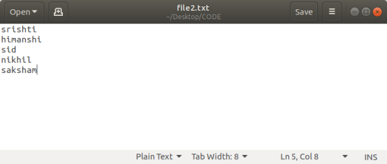Open File 2.txt -/Desktop/CODE Save 3 00 srishti himanshi sid nikhil saksham Plain Text Tab Width: 8 Ln 5, Col 8 INS