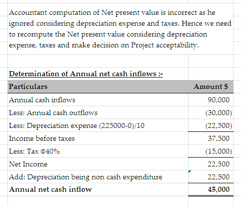Accountant computation of Net present value is incorrect as he ignored considering depreciation expense and taxes. Hence we n