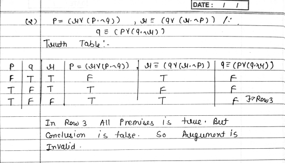 DATE: 1 ) P= Curcoing) S4 Car Chino)) 1: 95 CPV Caendeleo Truth Table: 9= (PV (9.241) P Р F а НН o Huu M 에 I T T P = UV (P.29