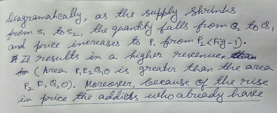 Diagramatically, as the supply shrinks froms, tos, the quantity falls from a to a and price ènereases to P. from P <fig-1). A