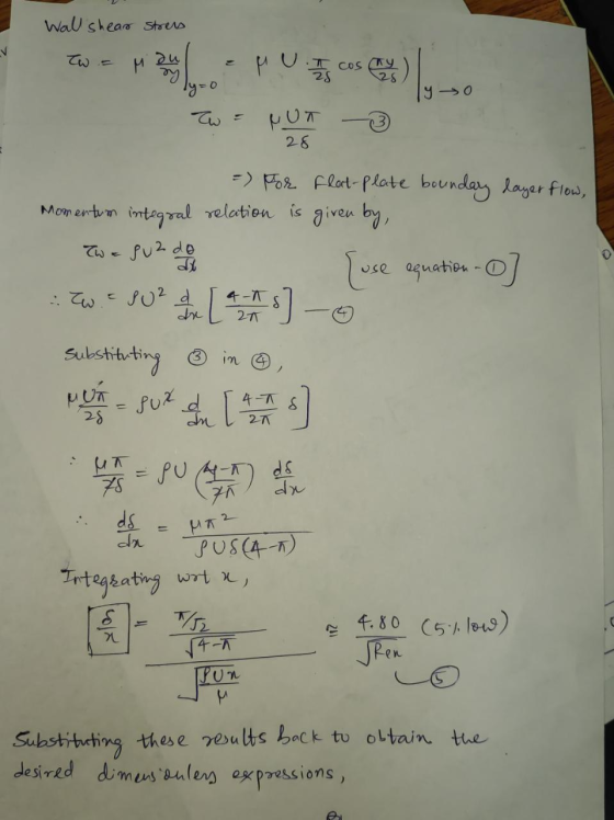 Wall shear stress Tyo =) Por Flat-Plate boundary layer flow, Momentum integral relation is given by Twa sua do {use equation