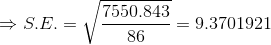 \Rightarrow S.E.=\sqrt{\frac{7550.843}{86}}=9.3701921
