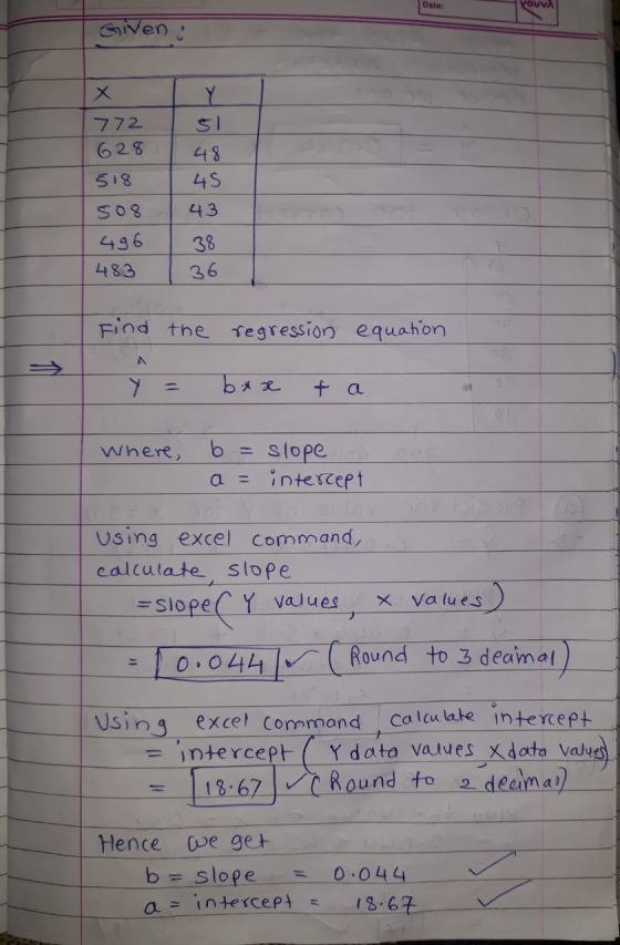 Date: VOUVA Given; Y $1 772 628 518 48 45 508 43 496 483 38 36 Find the regression equation Y btx ta Where, b = slope interce