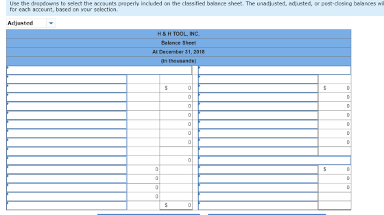 Use the dropdowns to select the accounts properly included on the classified balance sheet. The unadjusted, adjusted, or post