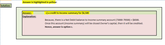 Answer is highlighted in yellow: Solution: c) a credit to Income summary for $6,500 Answer: Explanation: Because, there is a