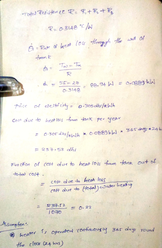 Total Resistance R=R,+ R₂ + R2 R=0.3148 °C/W 6 = Rate of heat loss through the wall of trank - ģR TwoTa 55-27 11 88.34 W = 0.