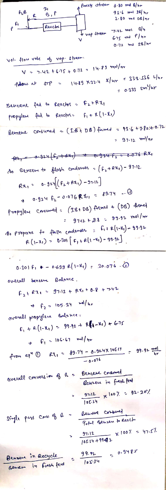 RB Process strear 0.80 mal B/hr 91.6 mol lolhe 2.80 mi Dolar R Bip 1 FI P Reacted Blb vap strear 7.42 mol 6.75 mol Play md Bl