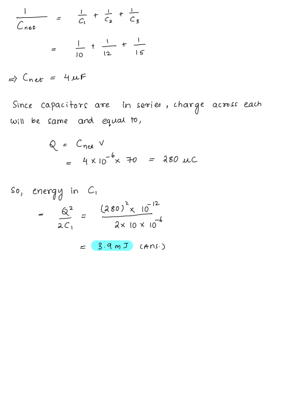 + - Ć C₃ Cnet + + 10 12 15 - Cnet 4uF across each Since capacitors are in series, charge will be sa and equal to, Q Chet v 4x