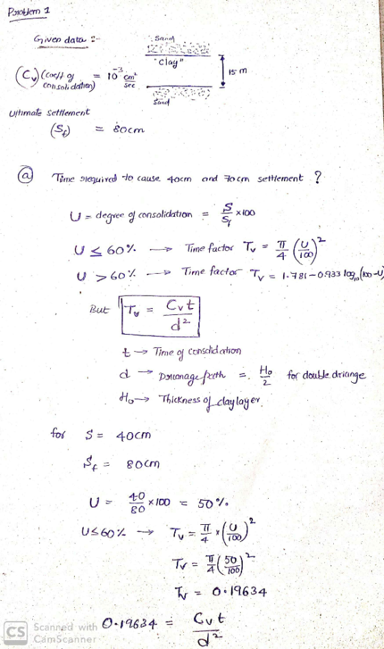 Problem 1 : Given data- .: Sand Clay. is m (C) (coello. = 103 cm Ultimate Settlement (S.) = socm a Time Sluired to cause 40
