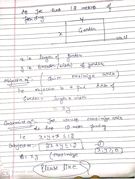 Ao Joe had of 12 meters Fenckung. Garden xt = к (чо 1 x is length of georden I g i8 Breadth (width) of garden objective on |