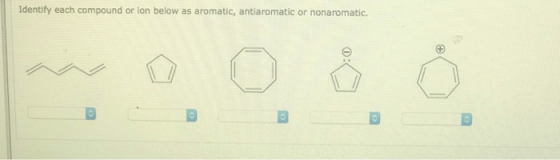 Identify each compound or ion below as aromatic, antiaromatic or nonaromatic.