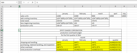 B10 E x fac 5 march april 10000 may 10000 sales units add: ending inventory total needs less: beginning inventory production