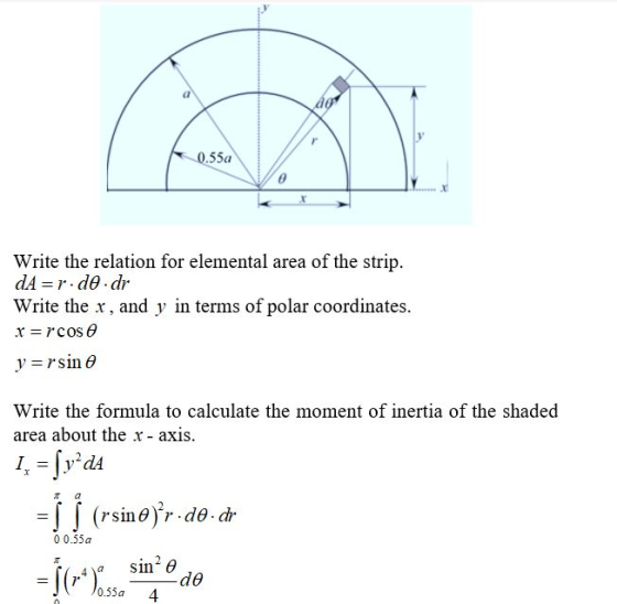Write the relation for elemental area of the strip. dA=r.de. dr Write the x, and y in terms of polar coordinates. x=rcos e y=