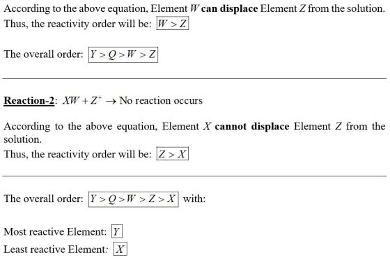 displace Element Z from the solution According to the above equation, Element W can Thus, the reactivity order will be: WZ Th