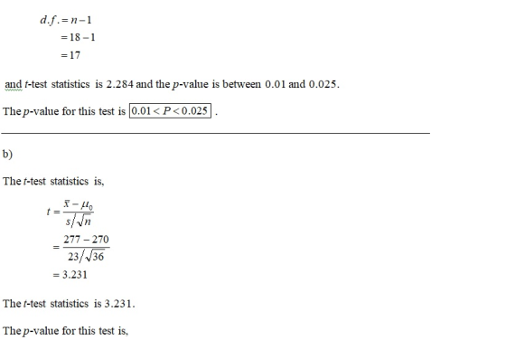 d.f. n-1 =18 -1 17 and f-test statistics is 2.284 and the p-value is between 0.01 and 0.025. The p-value for this test is 0.0