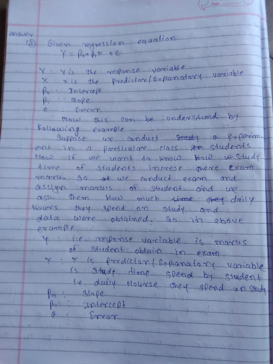 I Answer (a) equation Given rearession Y - Botß x + 6 response variable predictor / Explanatory variable r. Y is the x is the