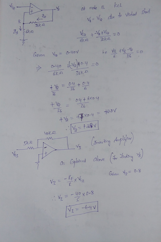 at note B KEL Ve = vs due to Virtual Stort aka Vsa + Va t Vsa zo oksz ke Given V = 0.40V je VB +ve vo =0 AĞ 36 0.40 V2 +0.4 =