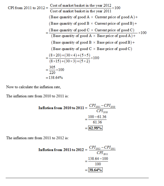 CPI from 2011 to 2012- Cost of market basket in the year 2012 x100 Cost of market basket in the year 2011 (Base quantity of g