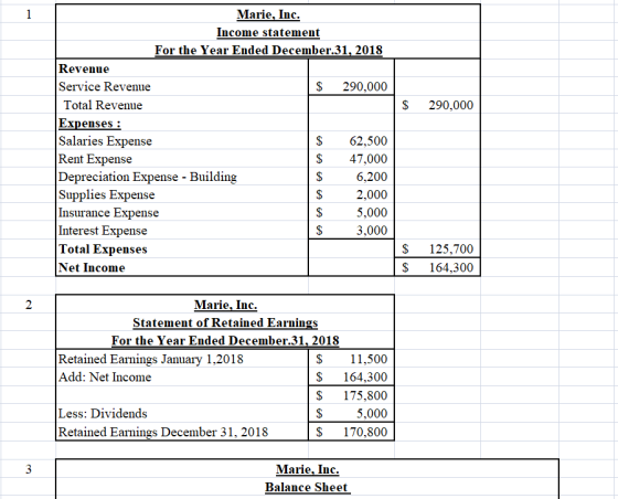 1 $ 290,000 Marie, Inc. Income statement For the Year Ended December.31, 2018 Revenue Service Revenue $ 290,000 Total Revenue