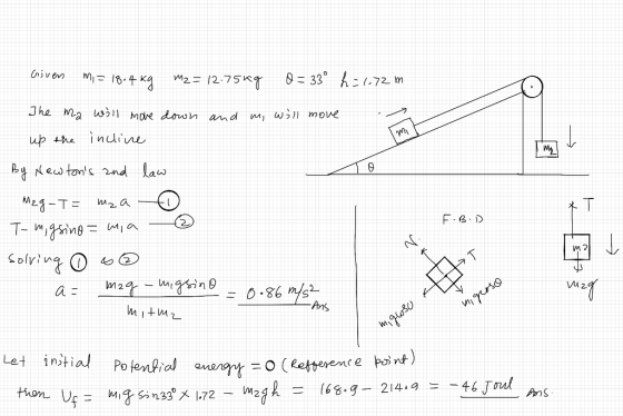 Given mi= 18.4kg m2 = 12.75kg 0= 33° h = 1.72 m m, will move The ma will move down and up the incline m Lyn F-BD By Newtons