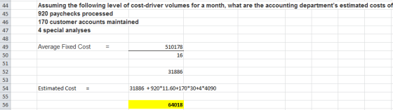 Assuming the following level of cost-driver volumes for a month, what are the accounting departments estimated costs of 920