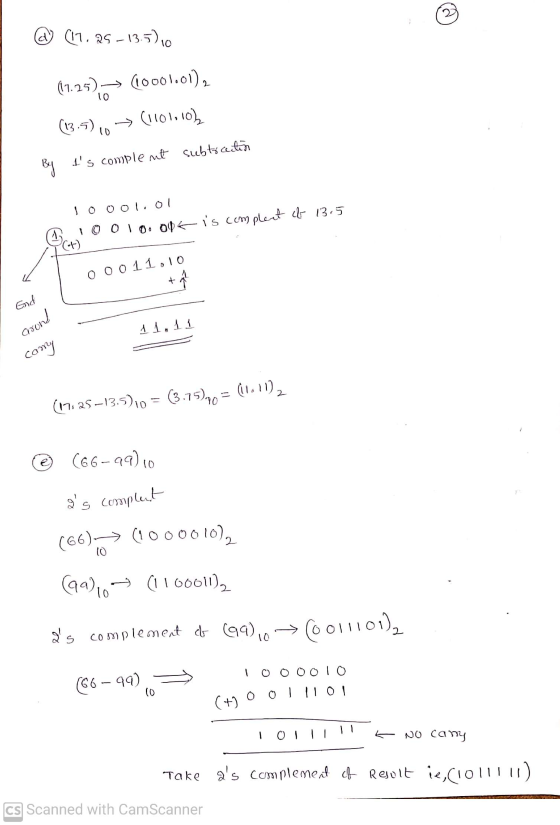 c) (17.25 -13.5)10 (17.25) (10001.01), 10 (13.5) 10 → (1101,10), By Is complemt subtraction 1.ol a 1 0 0 10.0p is complert c