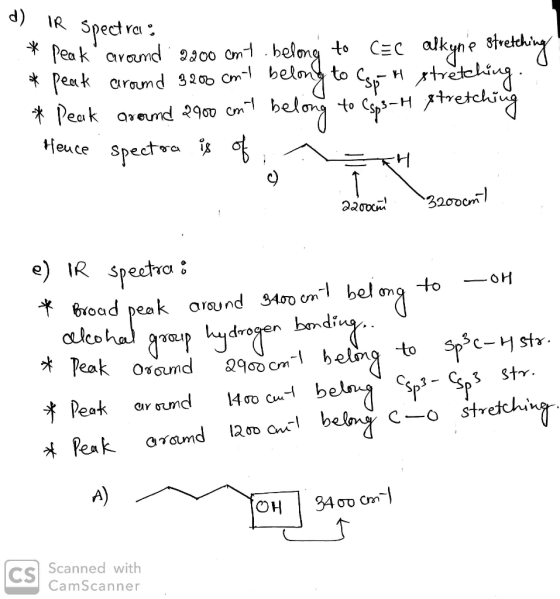 d) IR spectra * peak around 2200 cmt belong to CEC alkyn e stretching * Peak aroumd 3200 cmt belong to oth stretching. * Pea