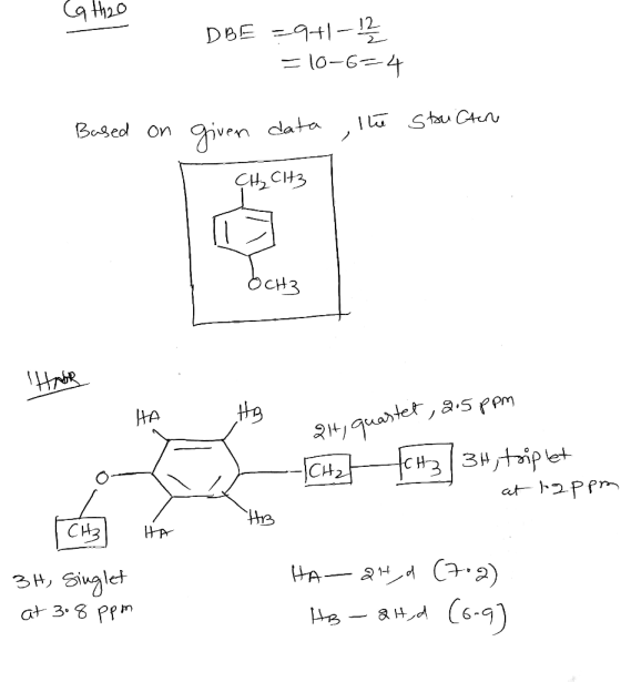 at2o DBE 9t12 = 10-6-4 _ Based on ven data CHCH3 OCH3 tHB HA 24quartet, a.spm tCH3 3Htipet at 2Ppm CH2 CH3 HA 3H, Singlet HA2