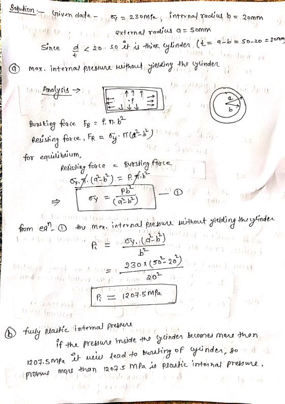 Solution Given data- 2,230MPa, internal, radius b = 20mm external realius a = 50mm since < 20. so it is thick Cylinden (t= ab