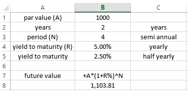 B 1000 2 1 par value (A) years period (N) 4 yield to maturity (R) 5 yield to maturity years semi annual yearly half yearly 5.