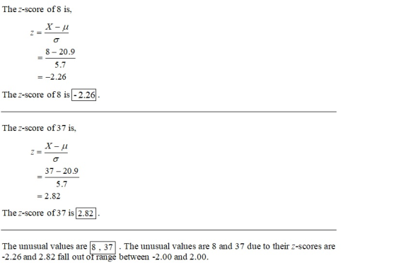 The Z-score of 8 is, X-41 _8-20.9 5.7 = -2.26 The Z-score of 8 is -2.26. The Z-score of 37 is, 2=X_H 37 - 20.9 5.7 = 2.82 The