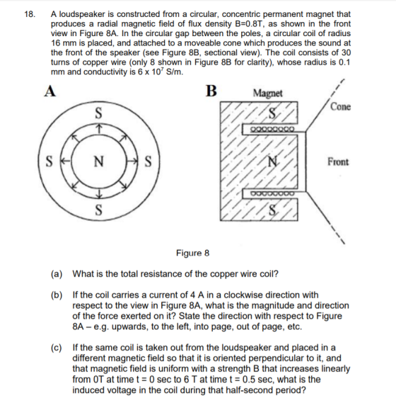 18. A loudspeaker is constructed from a circular, concentric permanent magnet that produces a radial magnetic field of flux density B-0.8T, as shown in the front view in Figure 8A. In the circular gap between the poles, a circular coil of radius 16 mm is placed, and attached to a moveable cone which produces the sound at the front of the speaker (see Figure 8B, sectional view). The coil consists of 30 turns of copper wire (only 8 shown in Figure 8B for clarity), whose radius is 0.1 mm and conductivity is 6 x 10 S/m Magnet Cone Front Figure 8 (a) What is the total resistance of the copper wire coil? (b) If the coil carries a current of 4 A in a clockwise direction with respect to the view in Figure 8A, what is the magnitude and direction of the force exerted on it? State the direction with respect to Figure 8A- e.g. upwards, to the left, into page, out of page, etc (c) If the same coil is taken out from the loudspeaker and placed in a different magnetic field so that it is oriented perpendicular to it, and that magnetic field is uniform with a strength B that increases linearly from OT at time t = 0 sec to 6 T at time t = 0.5 sec, what is the induced voltage in the coil during that half-second period?