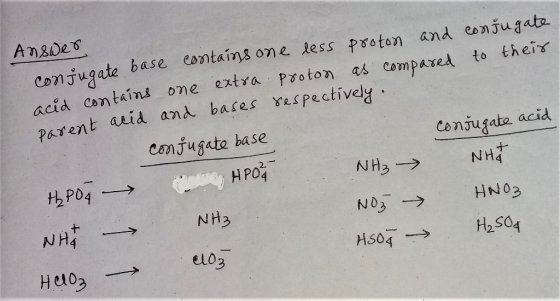 Answer conjugate base contains one less proton and conjugate acid contains one extra proton as compared to their parent acid